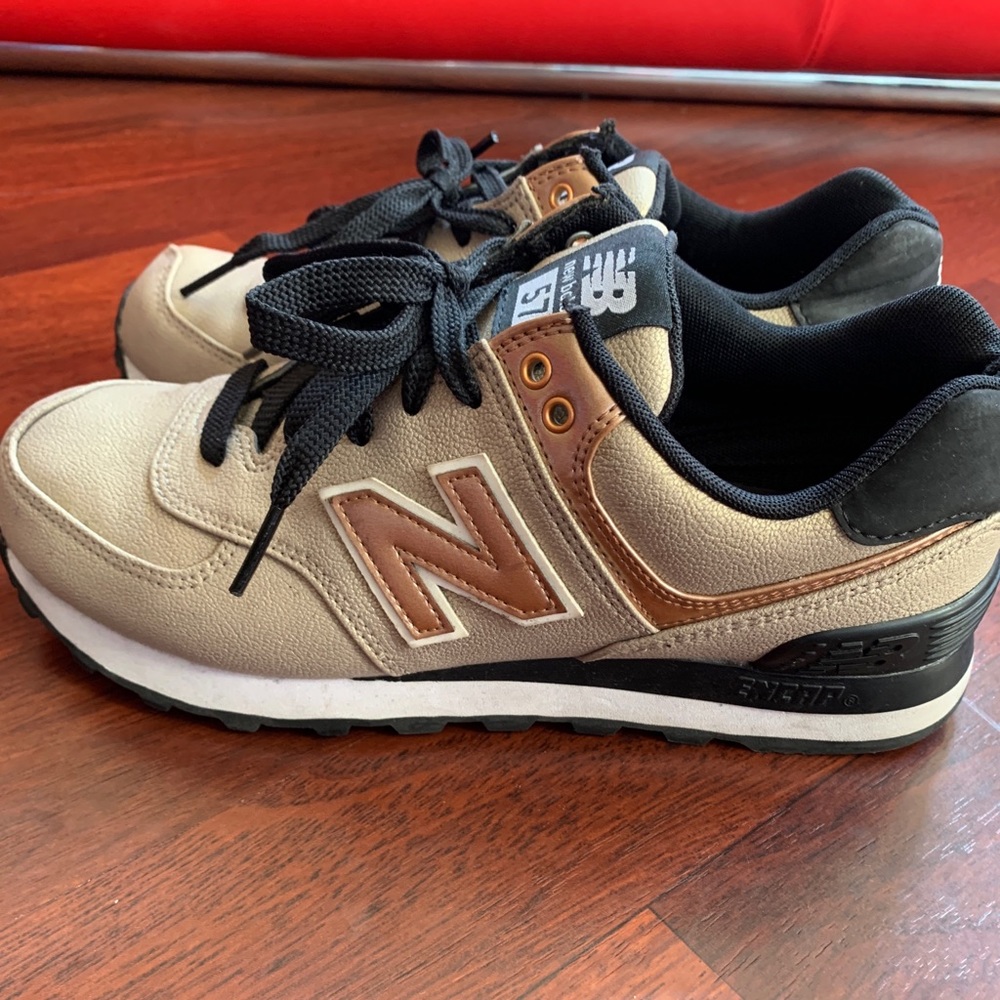 Beige and Blue New Balance Sneakers